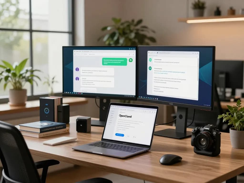 OpenClawd personal AI assistant displayed on dual monitors in a modern tech workspace.