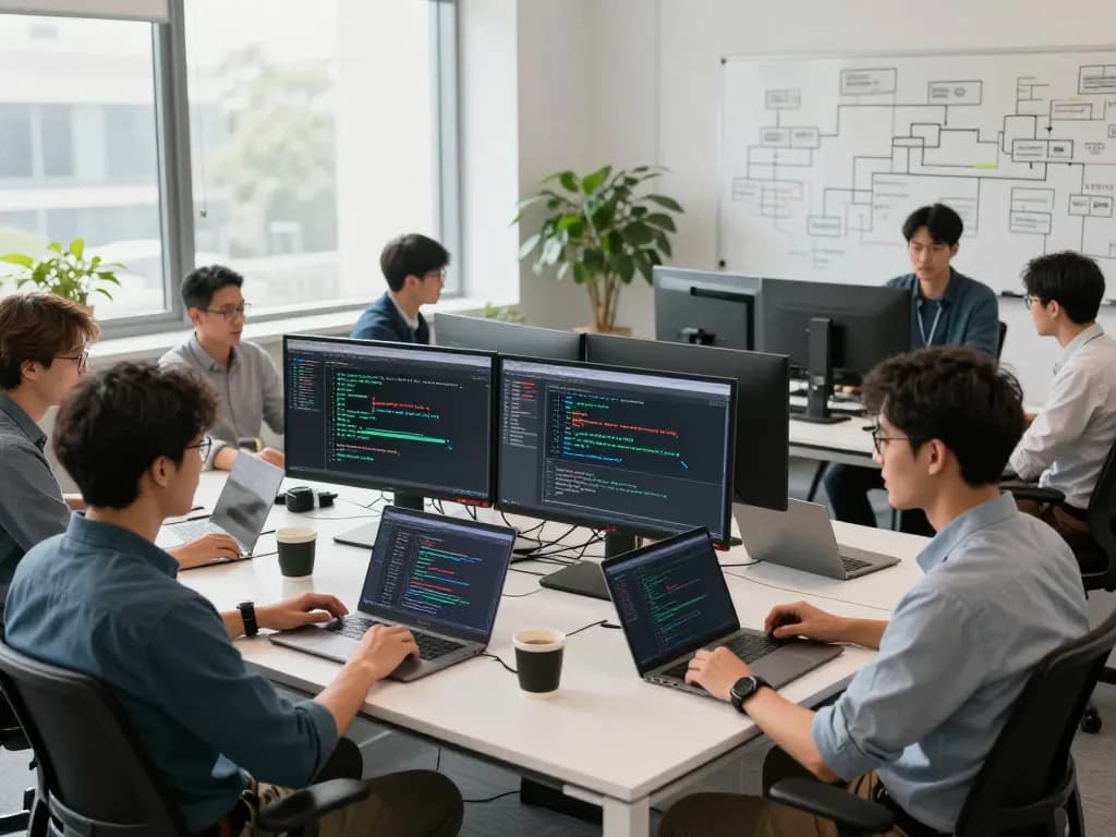 Dynamic software development team collaborating with advanced tools at a tech office featuring TA88 technology.