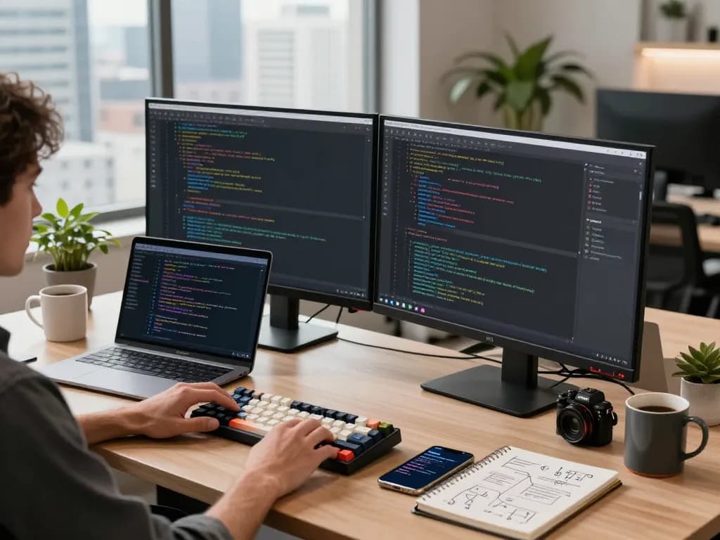 Developer using moltbot ai in a modern workspace with multiple screens showcasing code and project designs.