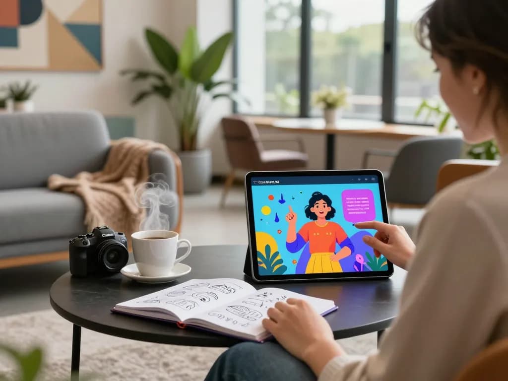 Engaging Crushon AI scene with a user interacting on tablet in a modern lounge, showcasing vibrant character simulations and a cozy atmosphere.