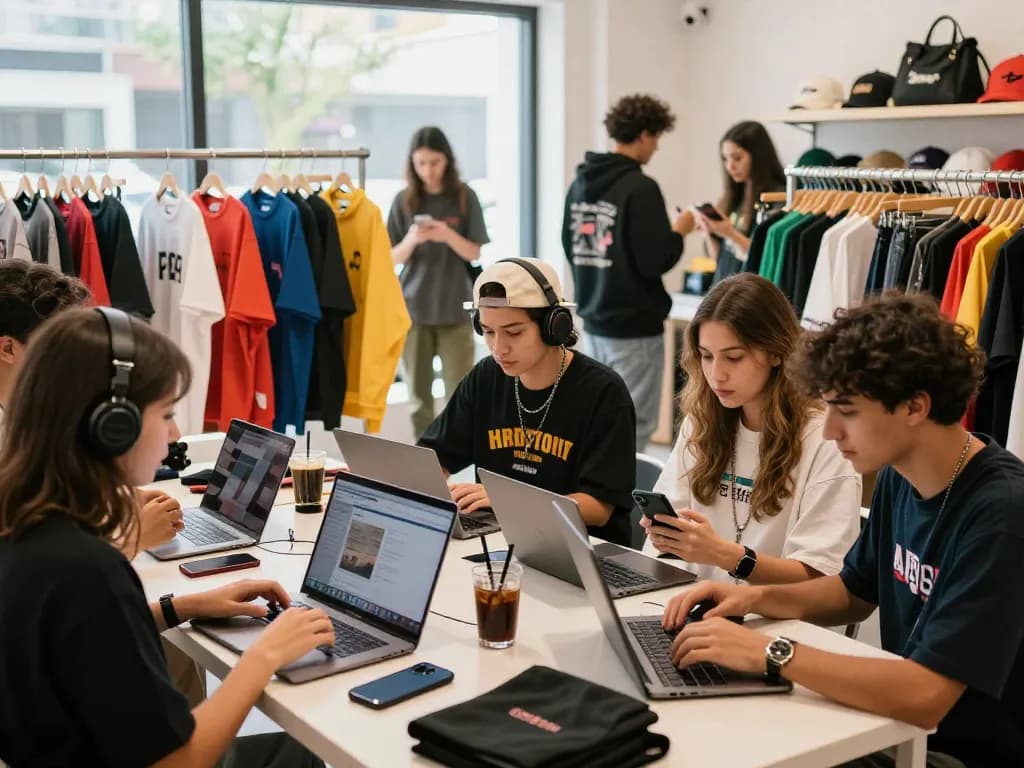 Engaged shoppers exploring Sunwin streetwear collection on stylish devices.