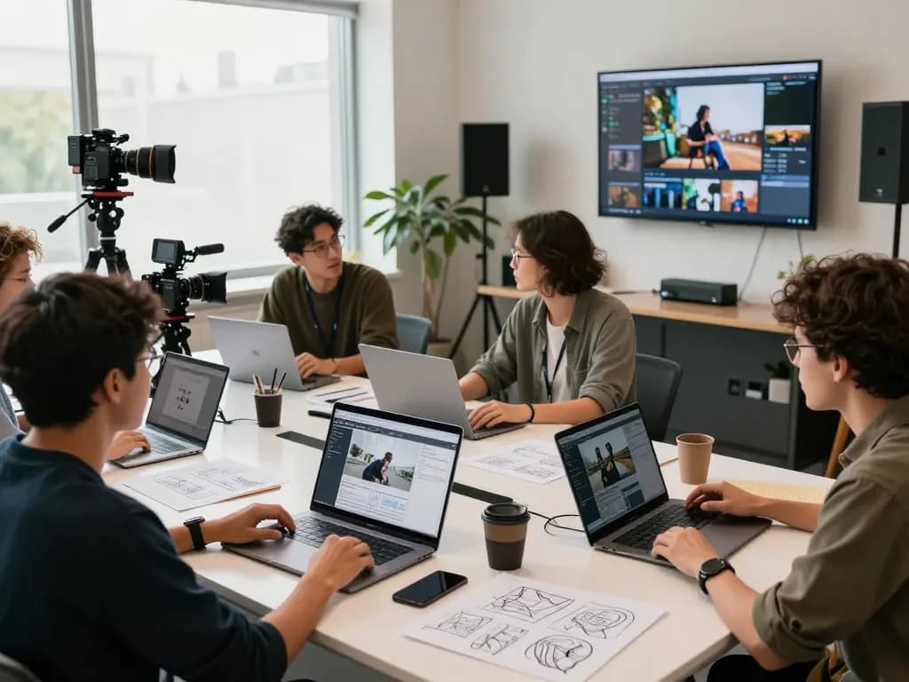Team collaborating using seedance ai for innovative video content production in a tech workspace.