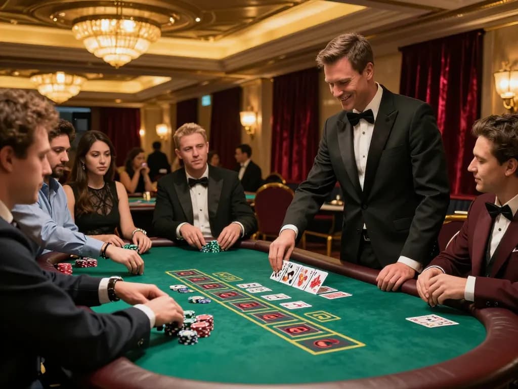 TA88 players engaging in an intense blackjack game at a luxury casino table, vibrant atmosphere