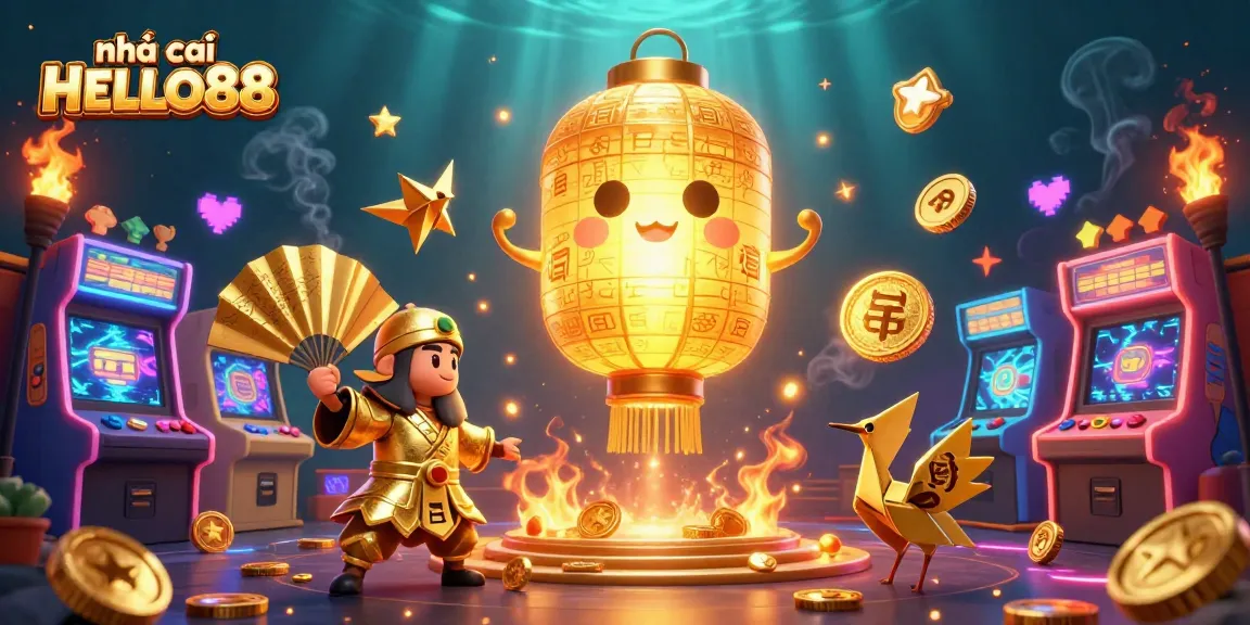 Experience the excitement of nhà cái HELLO88 with a vibrant 3D illustration depicting dynamic gaming elements and lucky symbols.