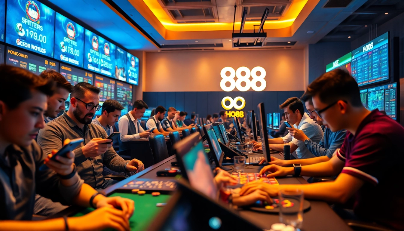 Players enjoying online betting at Ho88, showcasing a vibrant gaming atmosphere with sports and casino elements.
