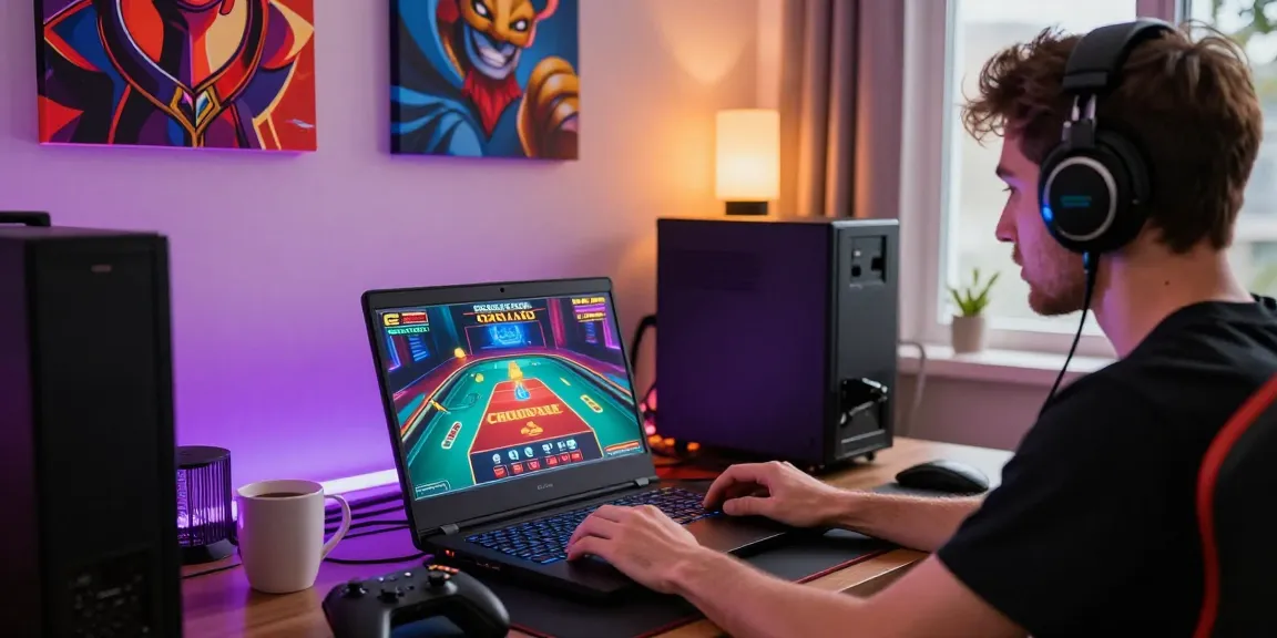 Engaged player enjoying exciting gameplay at credit card casinos on a modern gaming laptop.