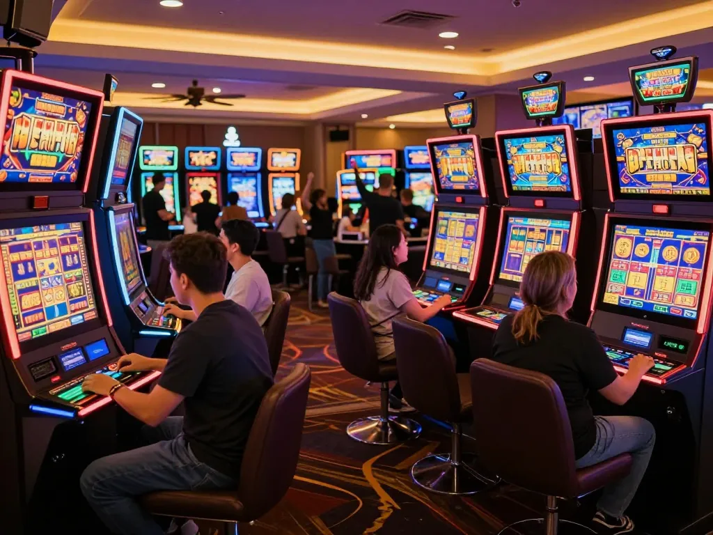 Players enjoying a thrilling session at Bay789 slot machines, celebrating wins in a vibrant casino atmosphere.