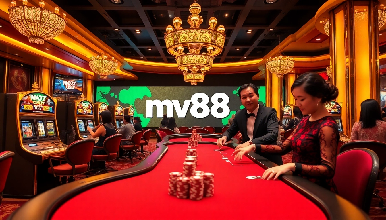 Gamblers enjoying thrilling games at mv88 casino, surrounded by luxury and excitement.