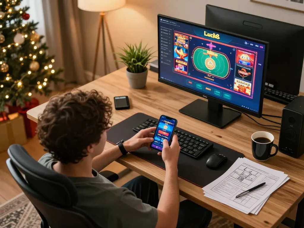 Engaging in online gaming with luck8.com app on smartphone at home desk
