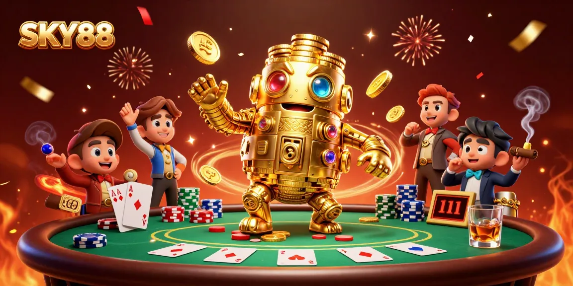 Engage with SKY88 in an energetic casino scene featuring a golden golem and poker elements.