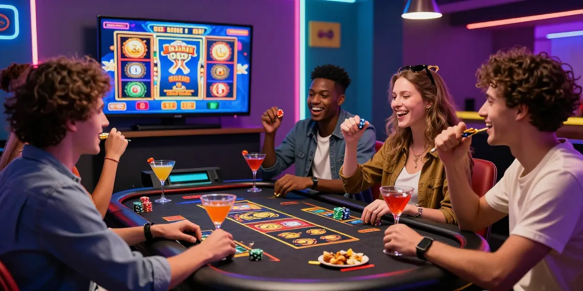 Friends celebrating at credit card casinos with vibrant decor and exciting gameplay.
