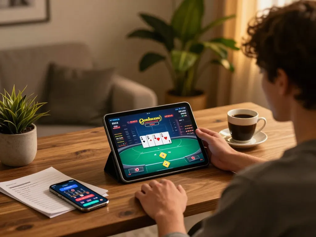 Rikvip user engaged in online poker gaming on tablet, emphasizing strategy and comfort in gambling.