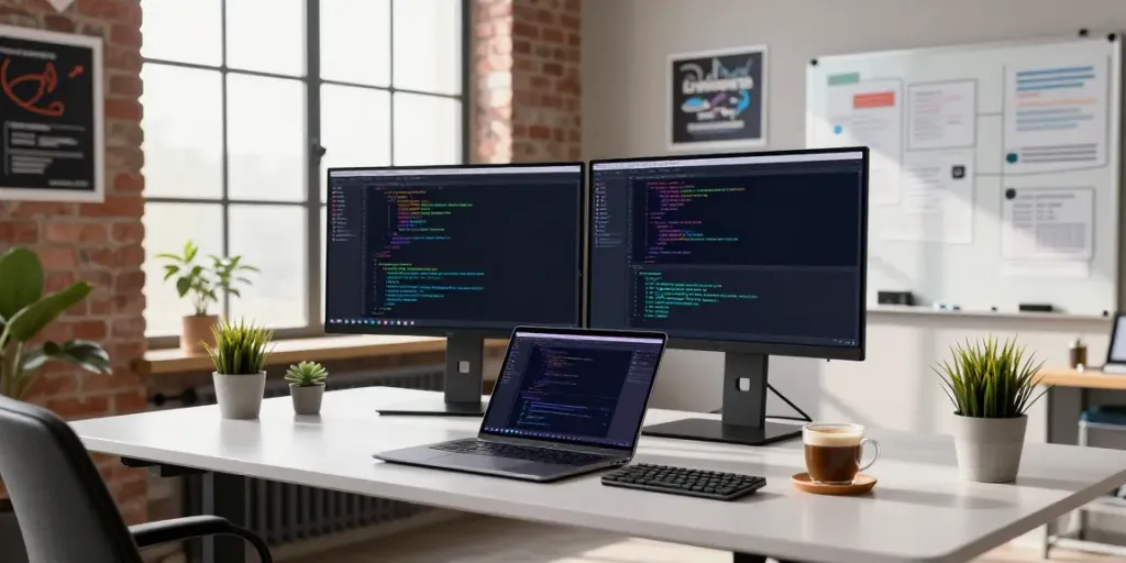 Developer utilizing instant indexing tools in a sleek tech workspace