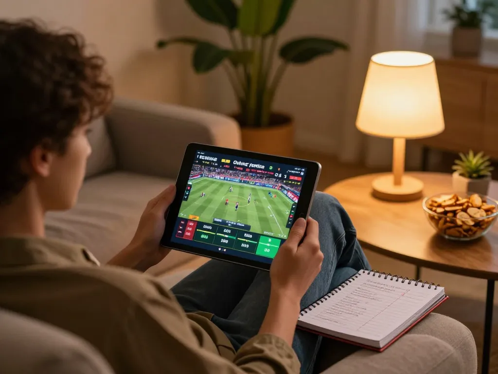 An enthusiastic bettor using the Bongdallu platform for online sports betting from a cozy home setting, showcasing real-time game action and strategy.