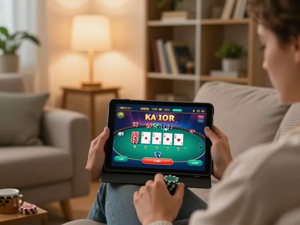SIN88 player enjoying an online casino game on a tablet in a cozy home environment.