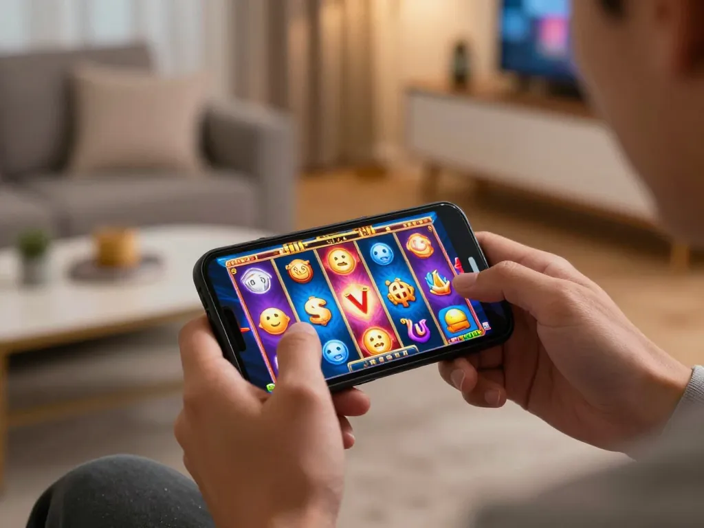 Player enjoying mobile gambling with pucuk138 slots on a smartphone in a vibrant home setting