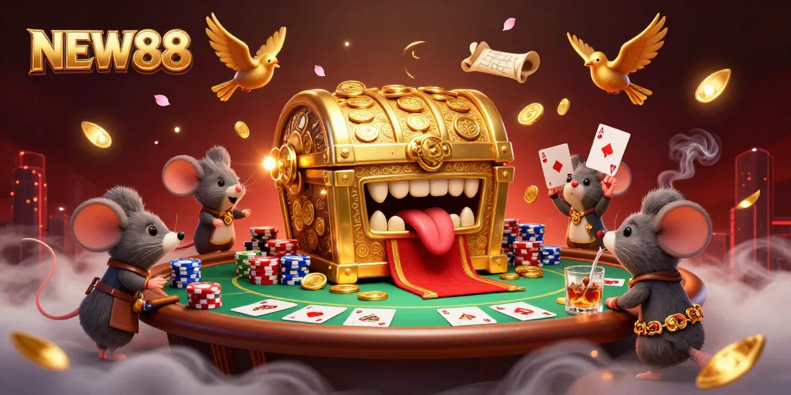 Spin the reels at NEW88's thrilling golden treasure chest with poker action and vibrant casino elements!