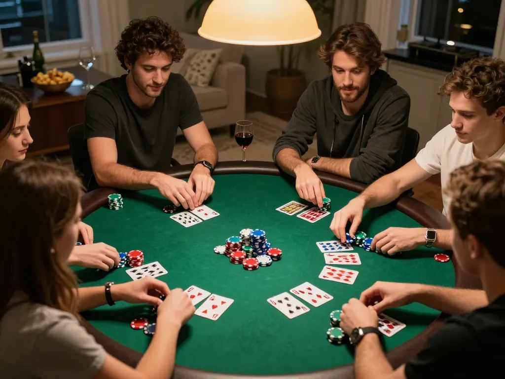 Playing poker with friends at home while enjoying a fun roun with iwin gaming
