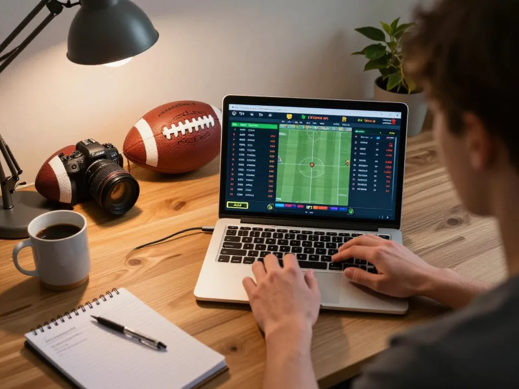 Sunwin user engaging in live sports betting on a laptop, displaying betting odds, within a cozy home office.