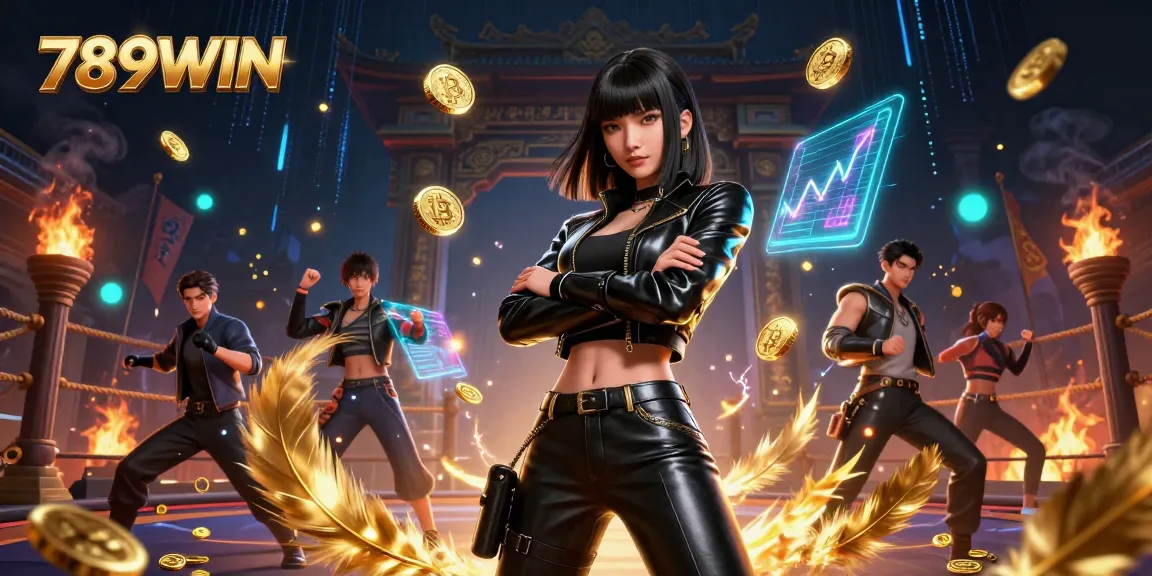 Win big with 789WIN - a vibrant scene featuring an Asian woman amid dynamic casino visuals.