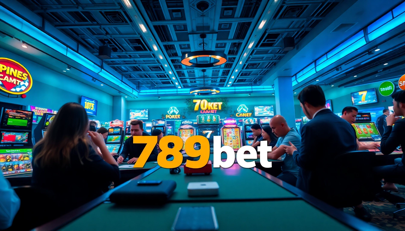 Engaging online gambling scene representing 789bet com with players excitedly enjoying poker and slots.