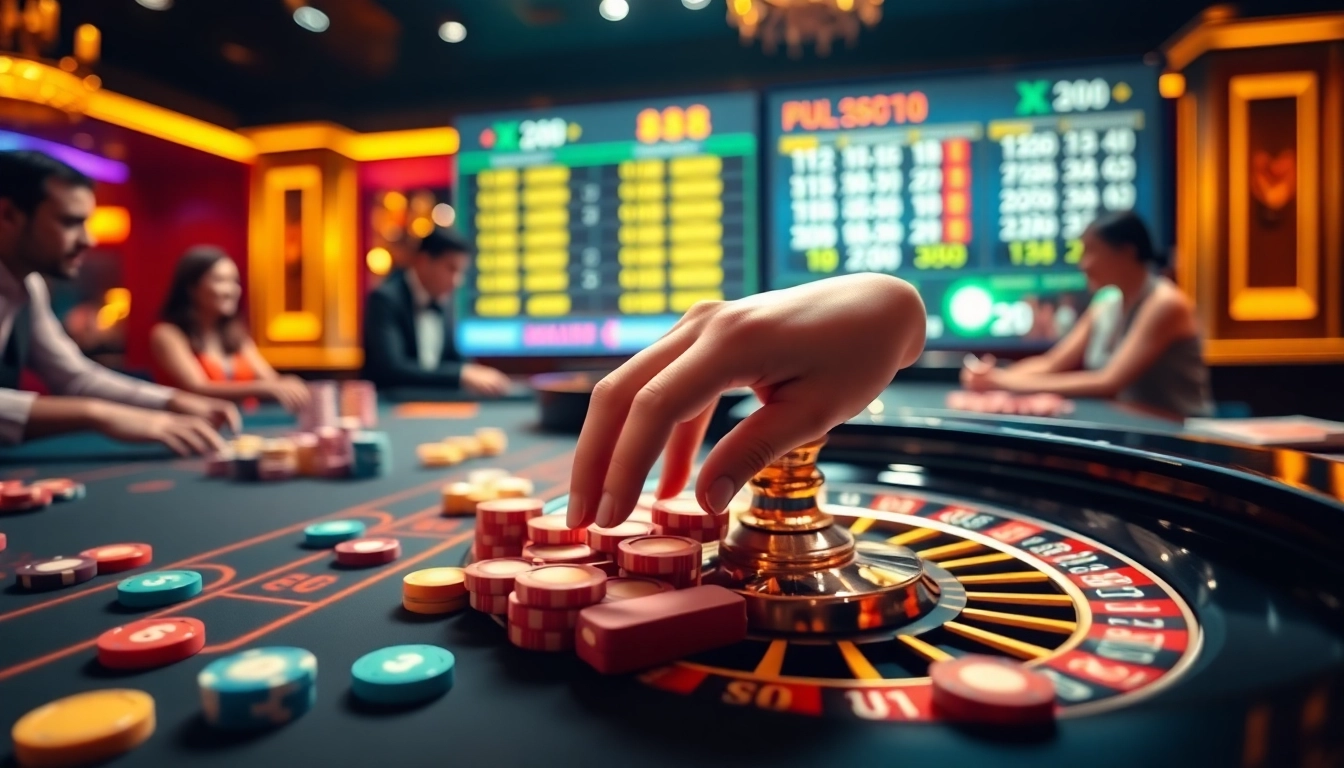 Players engaging in thrilling bets at the Xin 88 roulette table, surrounded by vibrant casino elements.