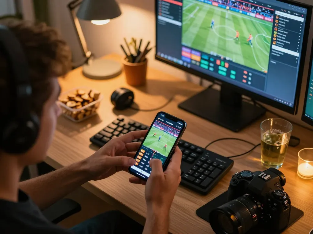 Engaging smartphone action during TX88 sports betting setup at home with snacks and drinks.