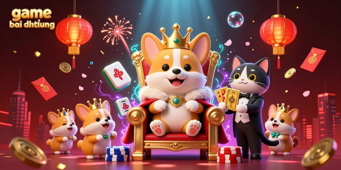 Experience vibrant game bai doi thuong action with a royal corgi and cat butler in a dynamic casino scene.