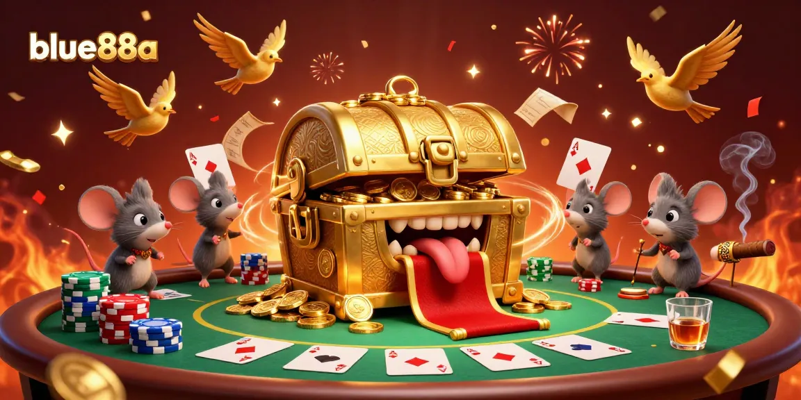 Engage with exhilarating action at blue88a's vibrant casino, featuring cartoon treasure chest and poker elements.