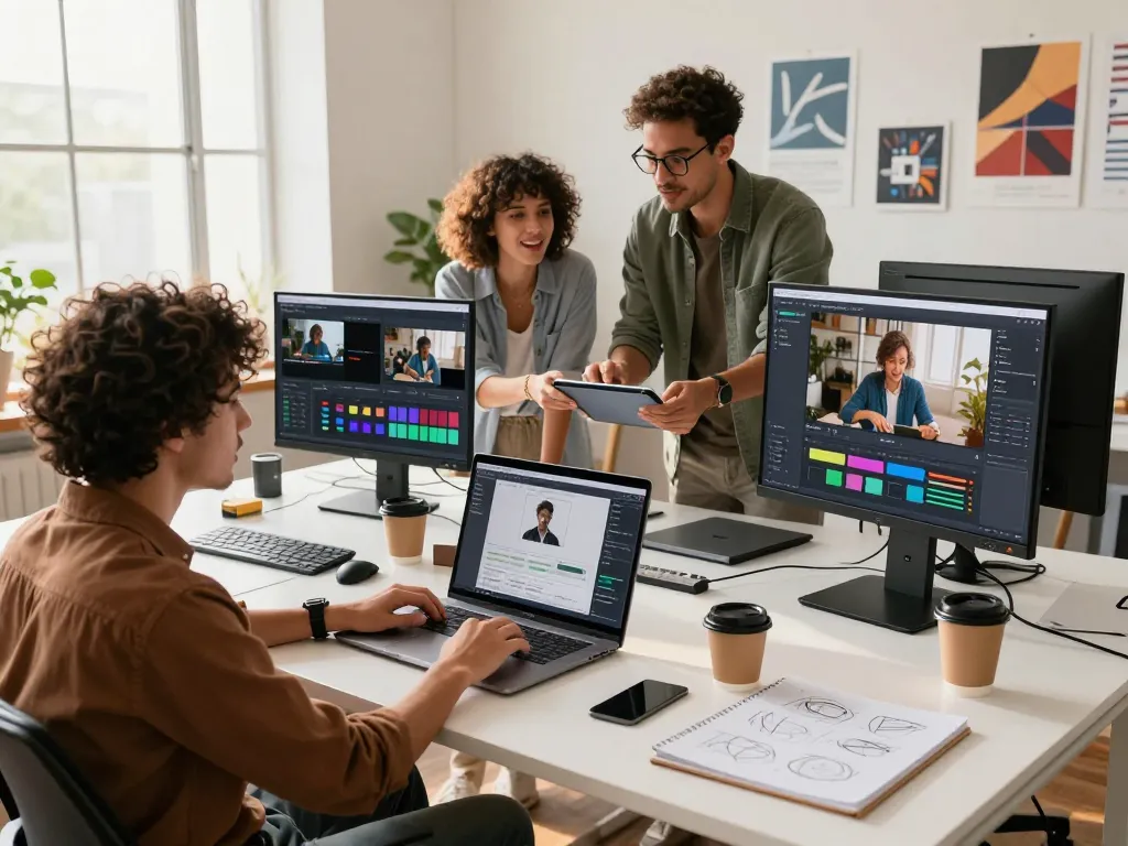 Team of creators collaborating in a bright office, demonstrating the ai seedance 2.0 video generation technology.