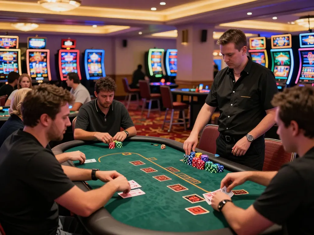 Players strategizing their bets at blackjack tables in a lively casino atmosphere, DA88 capturing the excitement of gameplay.