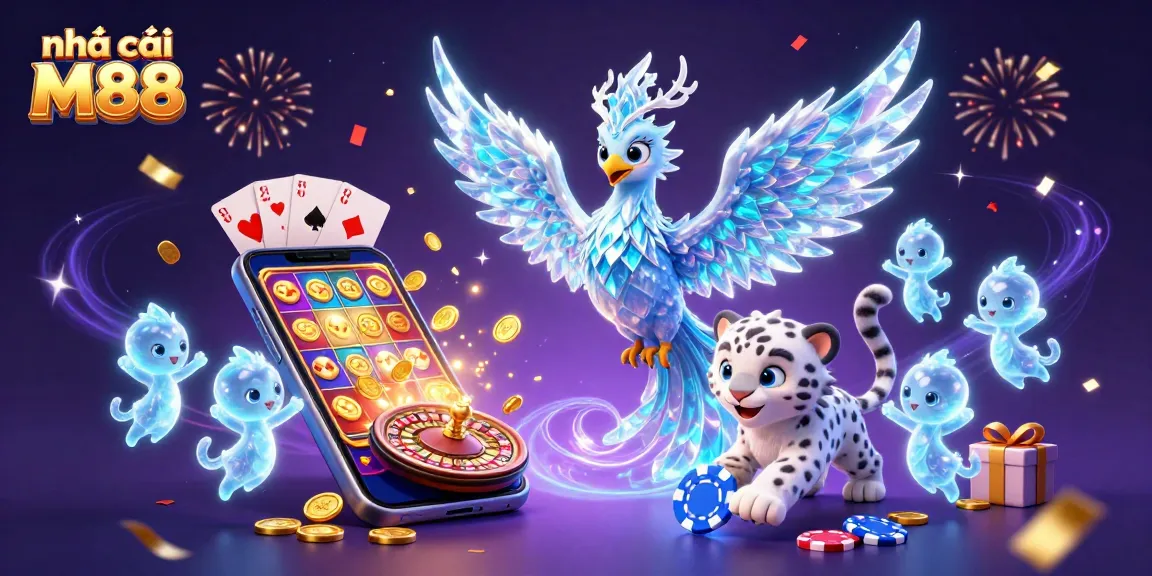 Engage with the exciting world at nhà cái M88, featuring vibrant casino elements and a festive atmosphere.