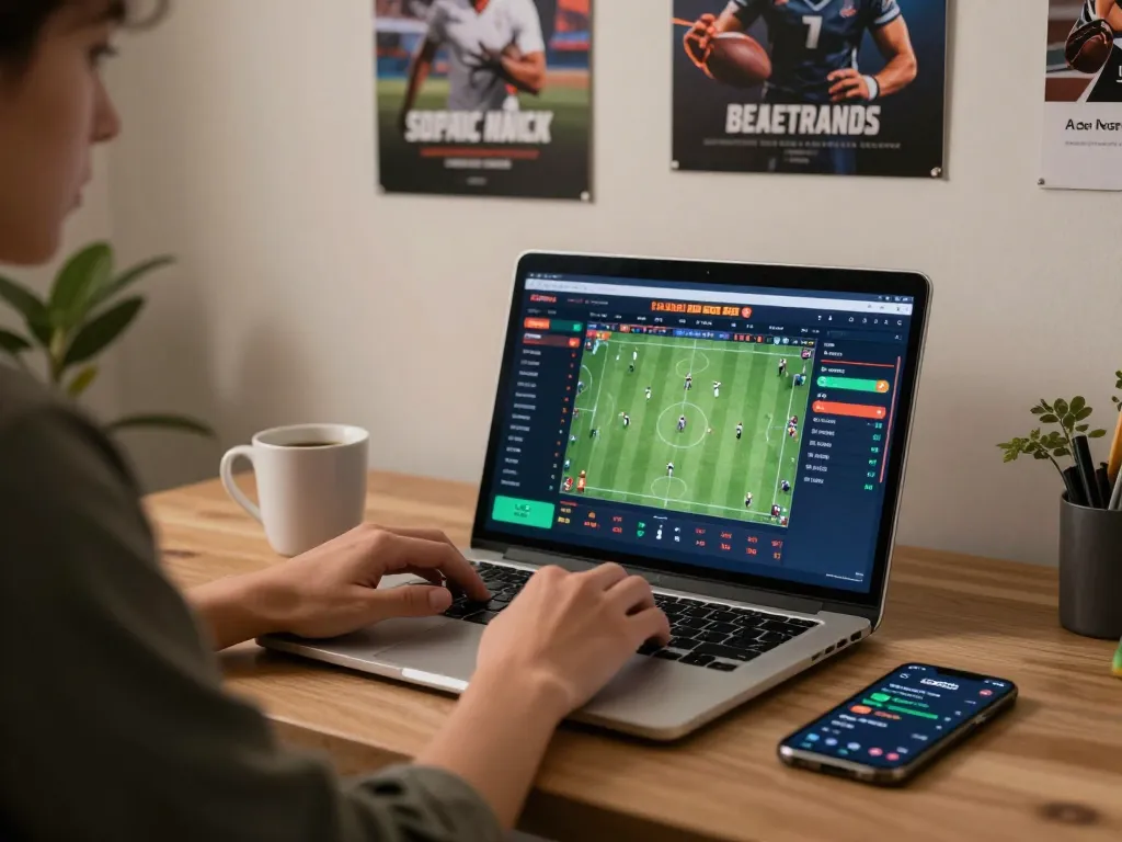 Kuwin1 user engaging in live sports betting from home, showcasing betting interface and notebook.