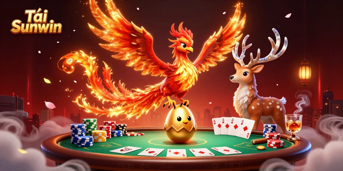 Tải Sunwin offers an exciting gambling experience with vibrant casino elements featuring a phoenix and poker imagery.