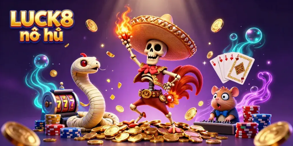 LUCK8 nổ hũ showcases animated characters celebrating a jackpot win surrounded by casino elements.
