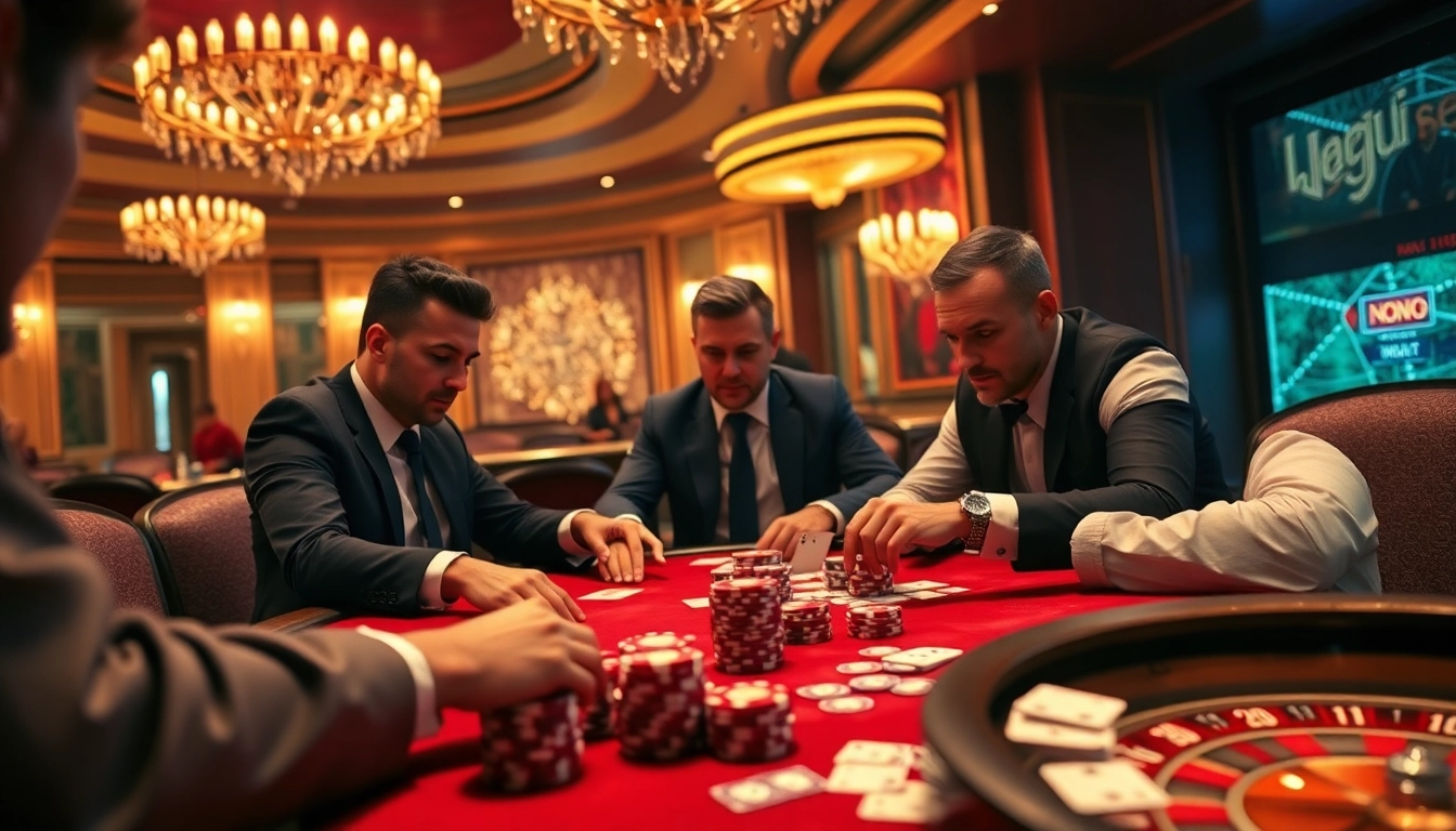 Ambitious players bet at a lavish casino featuring nohu-style floral accents amidst vibrant poker action.