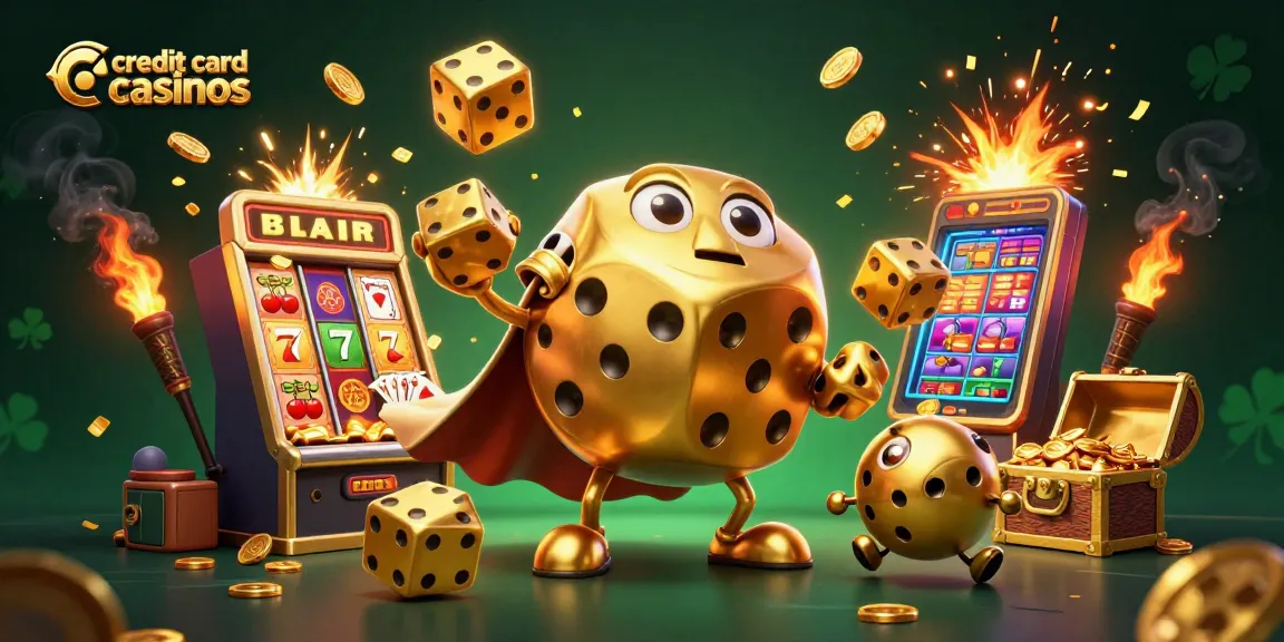 Engage with credit card casinos represented by vivid characters, golden dice, and vibrant game elements.