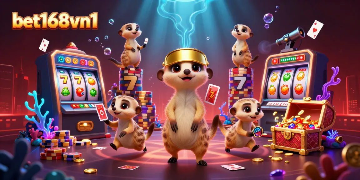 Experience the thrilling action of bet168vn1 in this vibrant casino illustration with meerkats and dynamic games.
