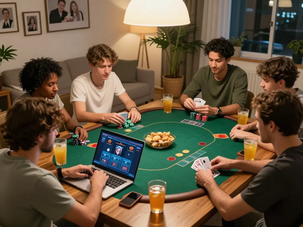 Engaging with va88 poker strategies during a friendly home game with snacks and drinks.