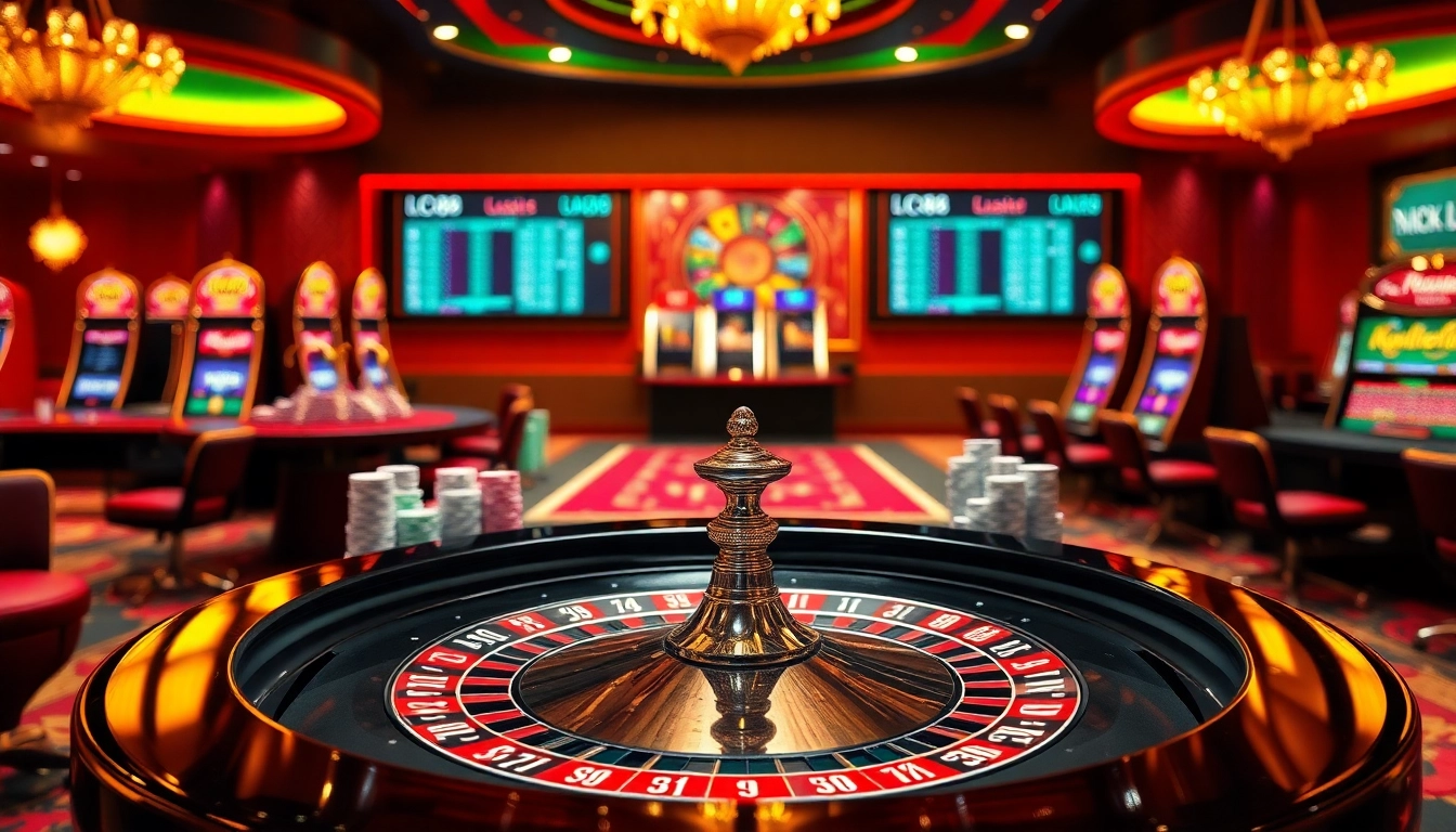 Exciting casino scene showcasing a roulette table and poker chips at https://lc88comm.com/ for immersive online gambling.