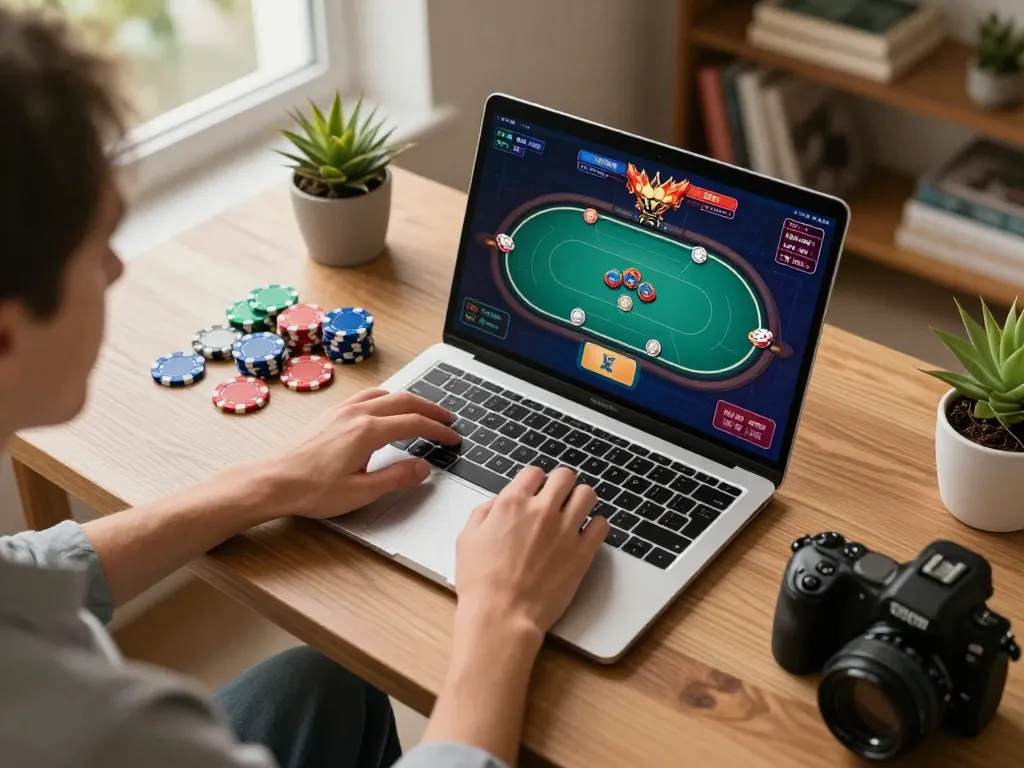 Player enjoying online poker on Go88 platform with colorful chips and laptop in cozy home setup.