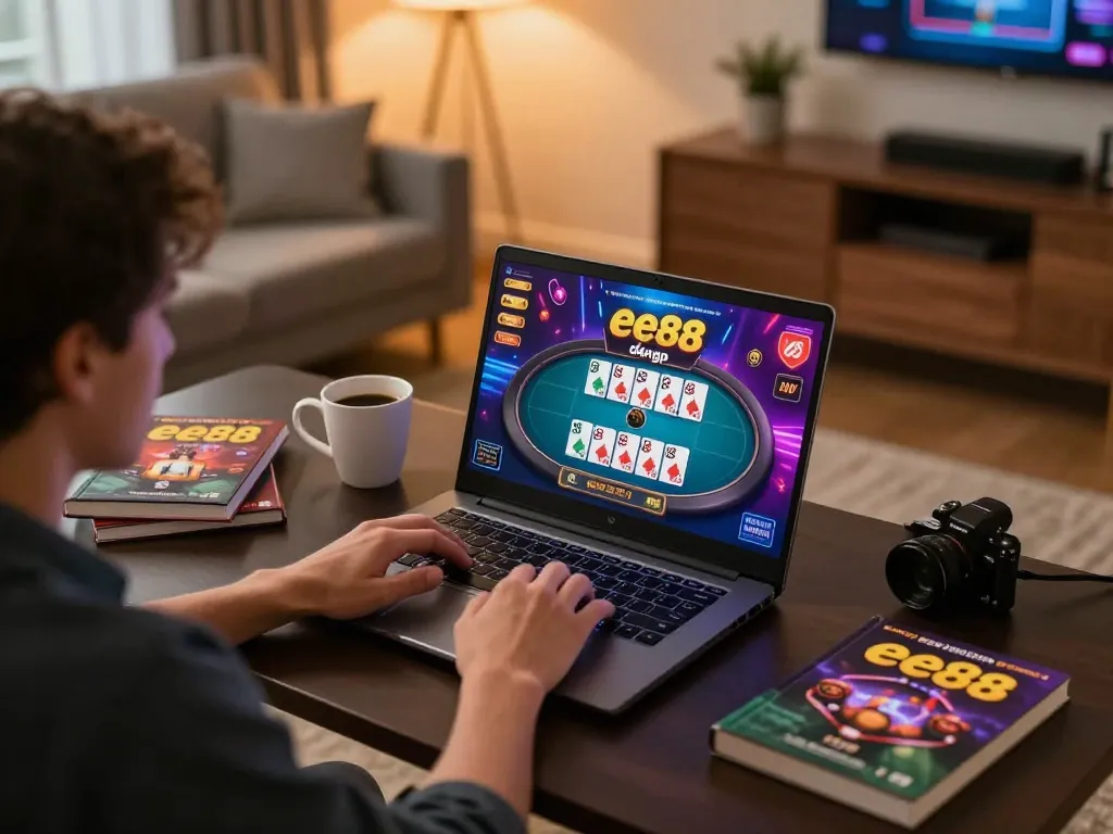 Engaging in online casino gaming through ee88 đăng nhập at a stylish home desk, laptop displaying colorful games and strategies.