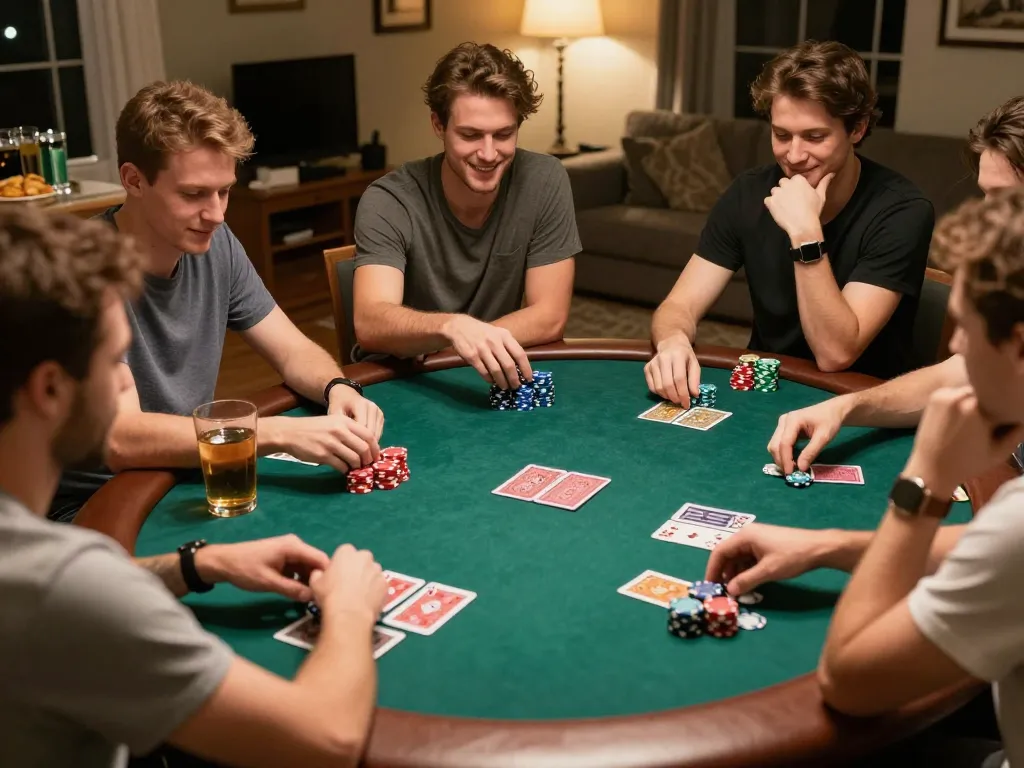 Friends enjoying a thrilling home poker night, showcasing strategic play in cs88 vip.