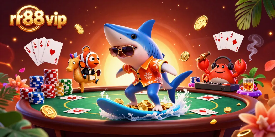 Experience thrilling gaming action with rr88 vip featuring a shark, clownfish, and crab DJ amidst casino elements.