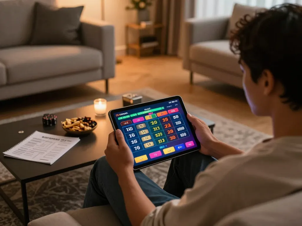 Engaging in lô đề betting on a tablet in a cozy online casino setup.