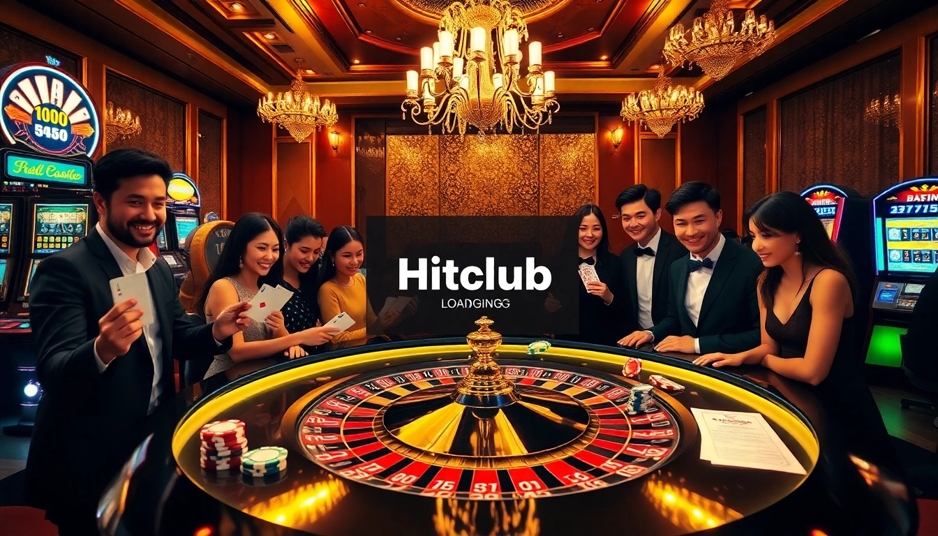 Tải Hitclub at a luxurious casino scene with players engaging around a roulette table.