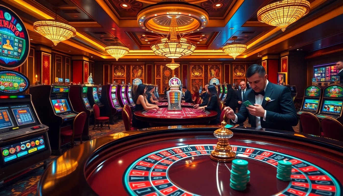 Experience thrilling gameplay at a sunwin casino with roulette and vibrant slot machines.