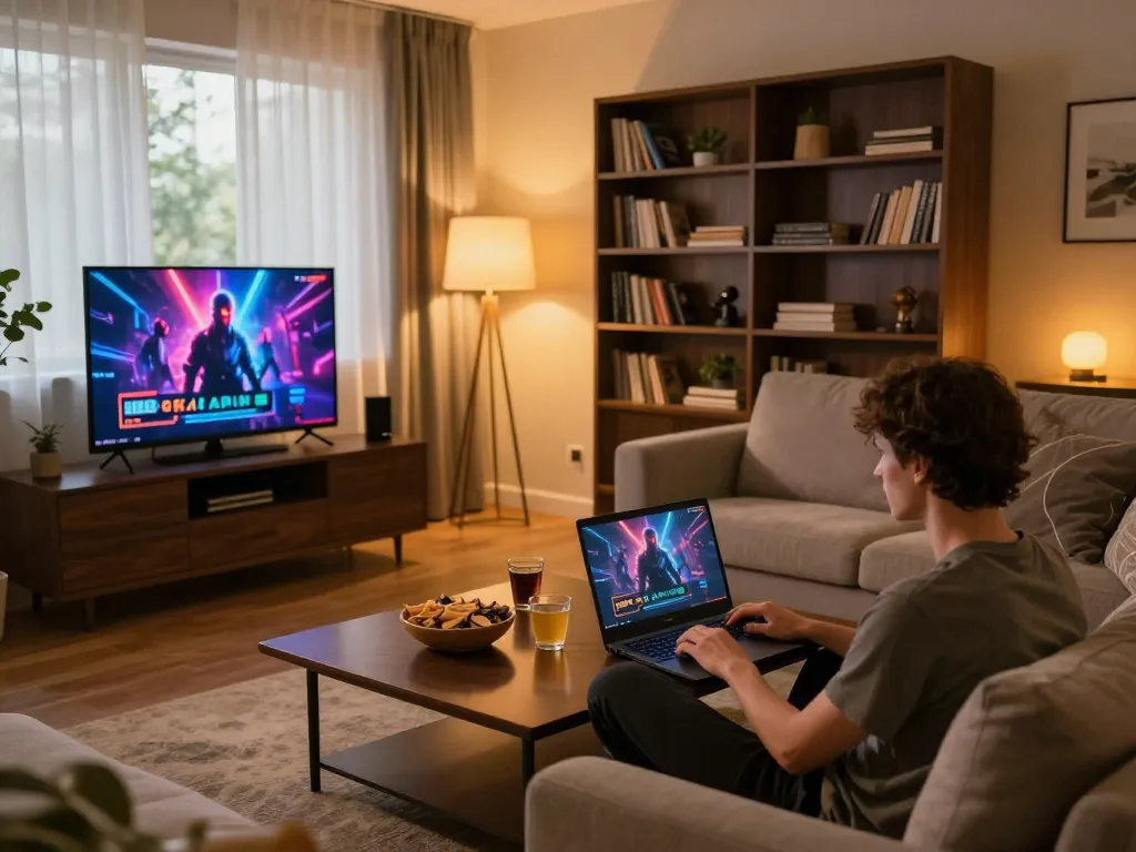 Engaging in online gaming at 86bet on a laptop in a cozy living room setting with snacks and drinks