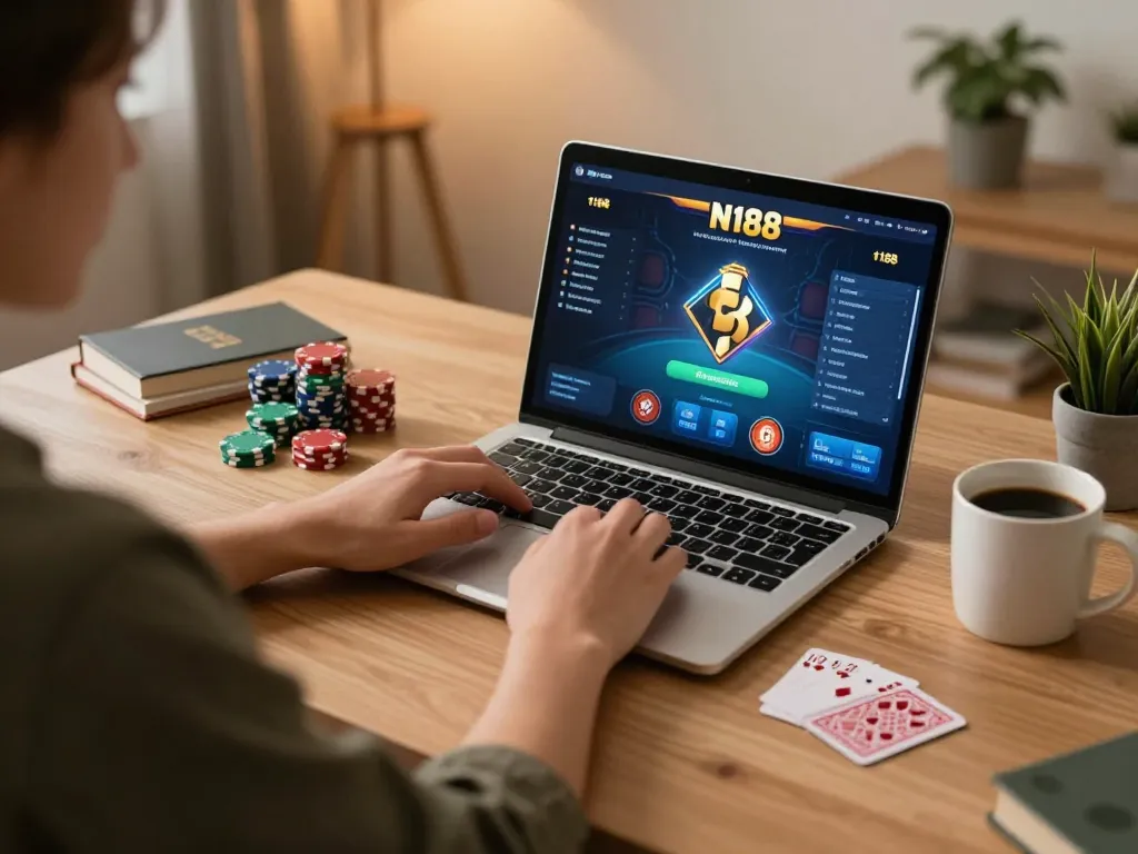 N188 game interface displayed on laptop during a cozy home gambling session with poker chips.