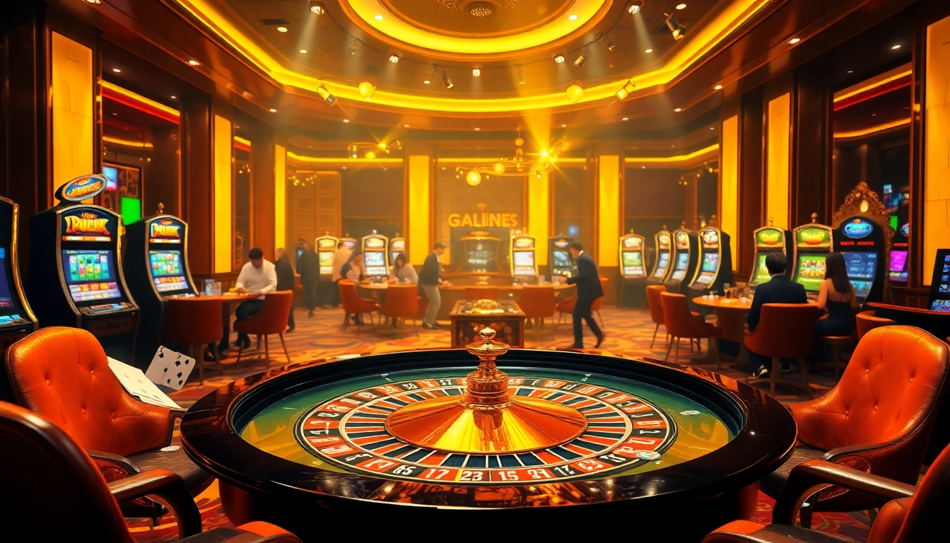 Engaged players enjoying a vibrant casino atmosphere at https://nk88net.com/ with roulette and poker setups.